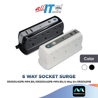 MasterPlug 6-Way 2m W/2 USB 3.1 Socket Surge Protector SRGDSU42PB-MPA Blk/SRGDSU62PB-MPA Blk/6-Way 2m SRGD62MB