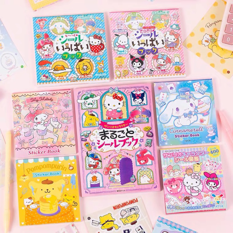 sanrio japan sticker book, hello kitty, cinamoroll, pochacco, pudding