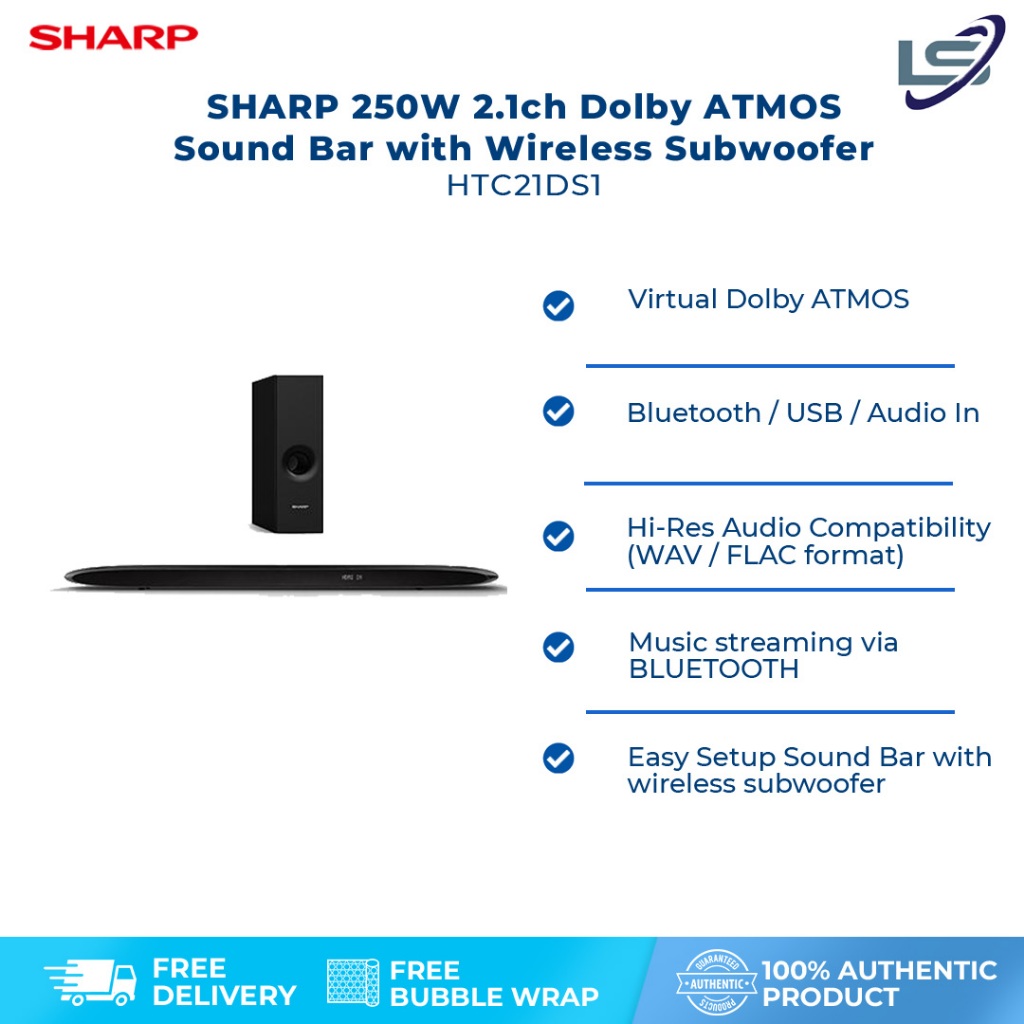 SHARP 250W 2.1ch Dolby ATMOS Sound Bar with Wireless Subwoofer HTC21DS1