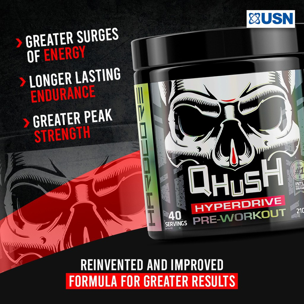 USN Qhush 300G Caffeine Hyperdrive PreWorkout Extreme Energy Booster