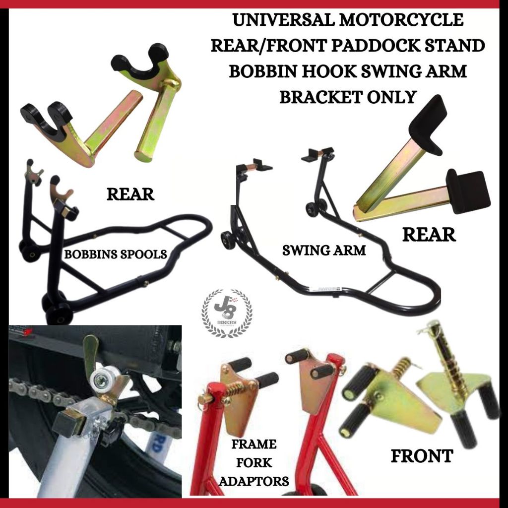 UNIVERSAL MOTORCYCLE REAR / FRONT PADDOCK STAND BOBBINS HOOK SWING ARM