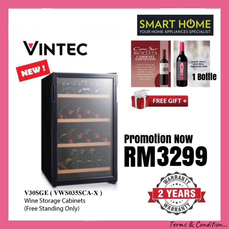Vintec Wine Chiller V30SGE Wine Storage Glass Door (Max 35Bottles) VWS035SCAX (Free