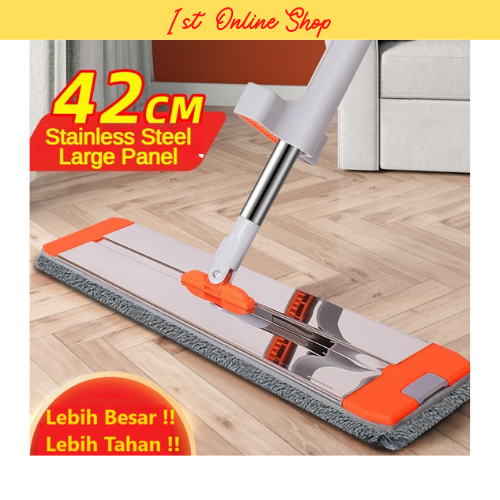 Stainless Steel 42CM Head Microfiber Mop Hands Free Wash Self Wring 360  Spin Rotate Mop Lantai Lazy Mop 拖把