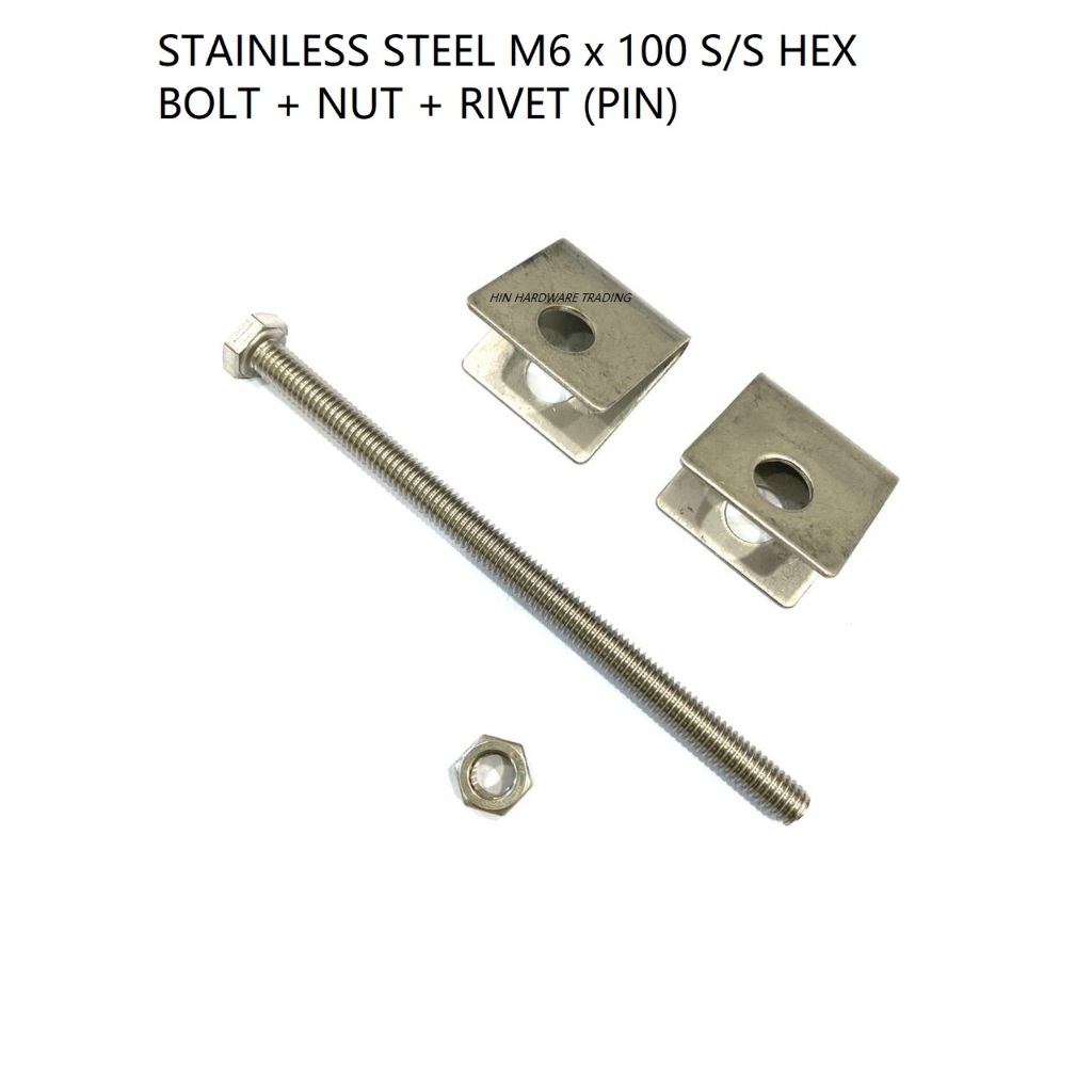 STAINLESS STEEL M6 x 100 S/S HEX BOLT + NUT + RIVET (PIN) SET FOR ...