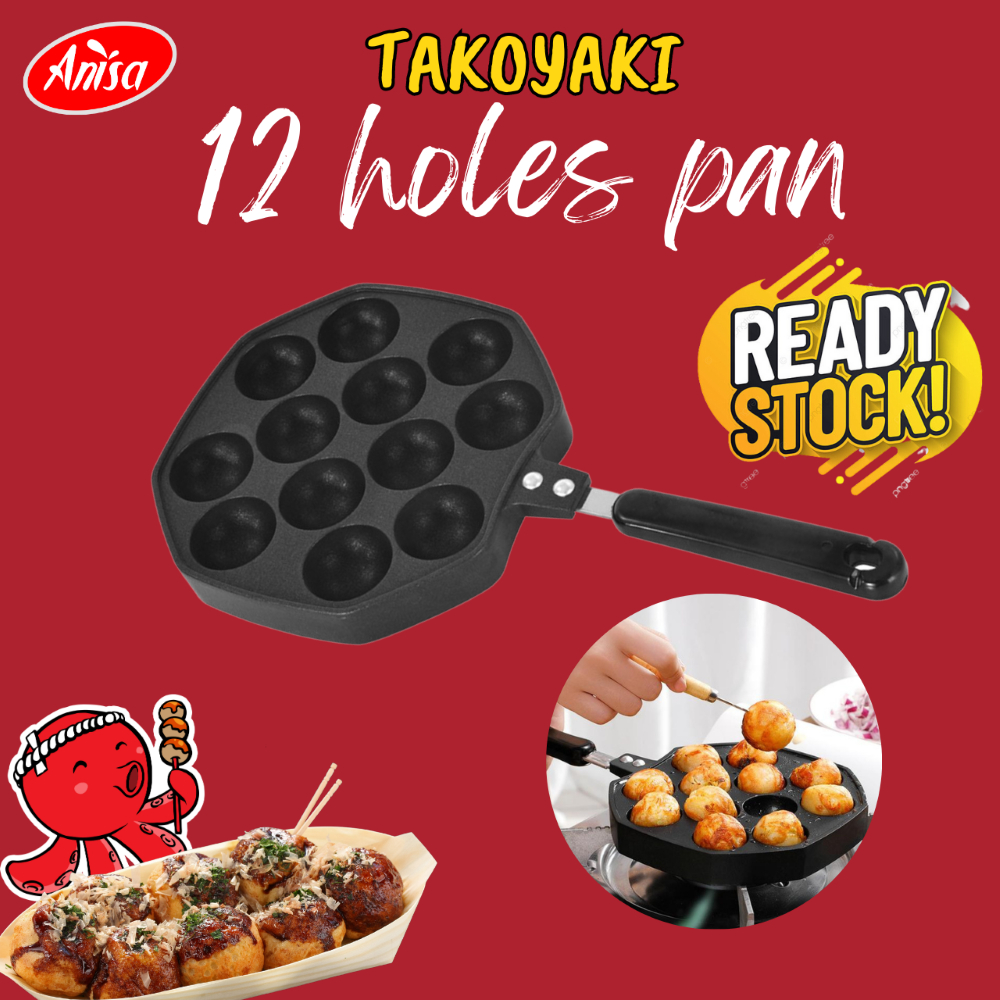 Takoyaki Pfanne 12 Löcher – Antihaftbeschichtet, Aus Aluminium, Für Gasherd, Für Japanische Oktopus-Kugeln & Runde Pfannkuchen