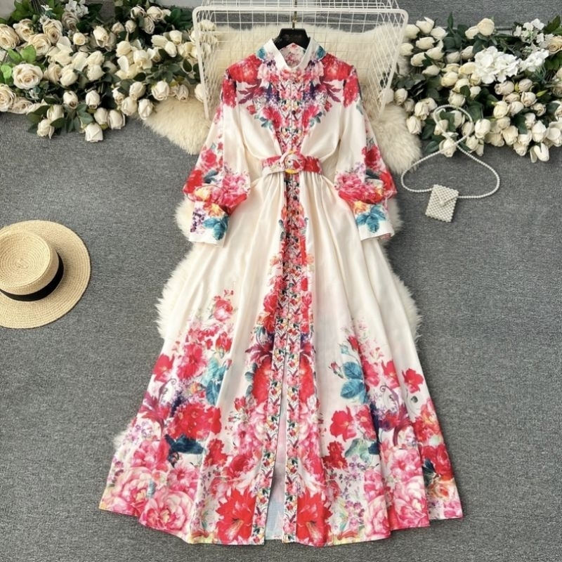 vintage long dress women long sleeve flora dress | Shopee Malaysia