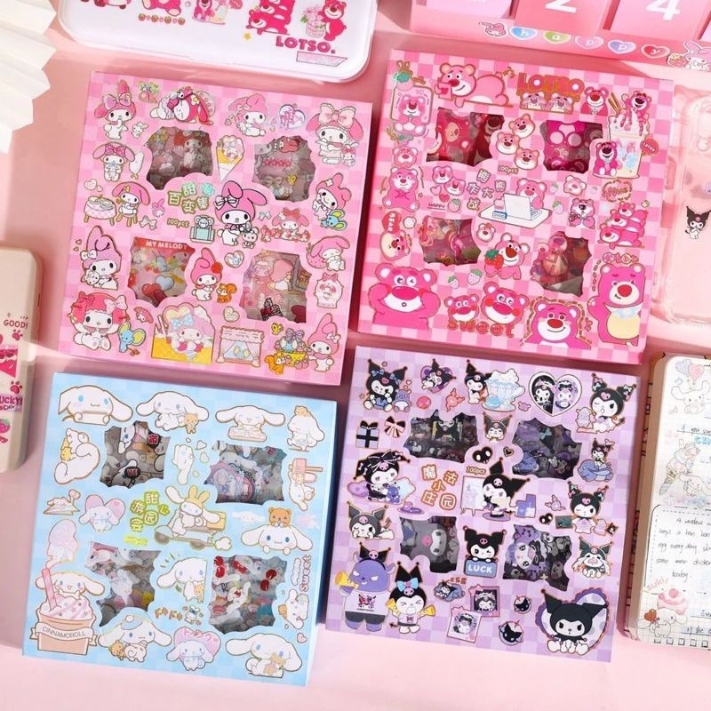 Sanrio Cute Stickers 100 Sheet Transparent Sticker Gift Box DIY Mainan ...