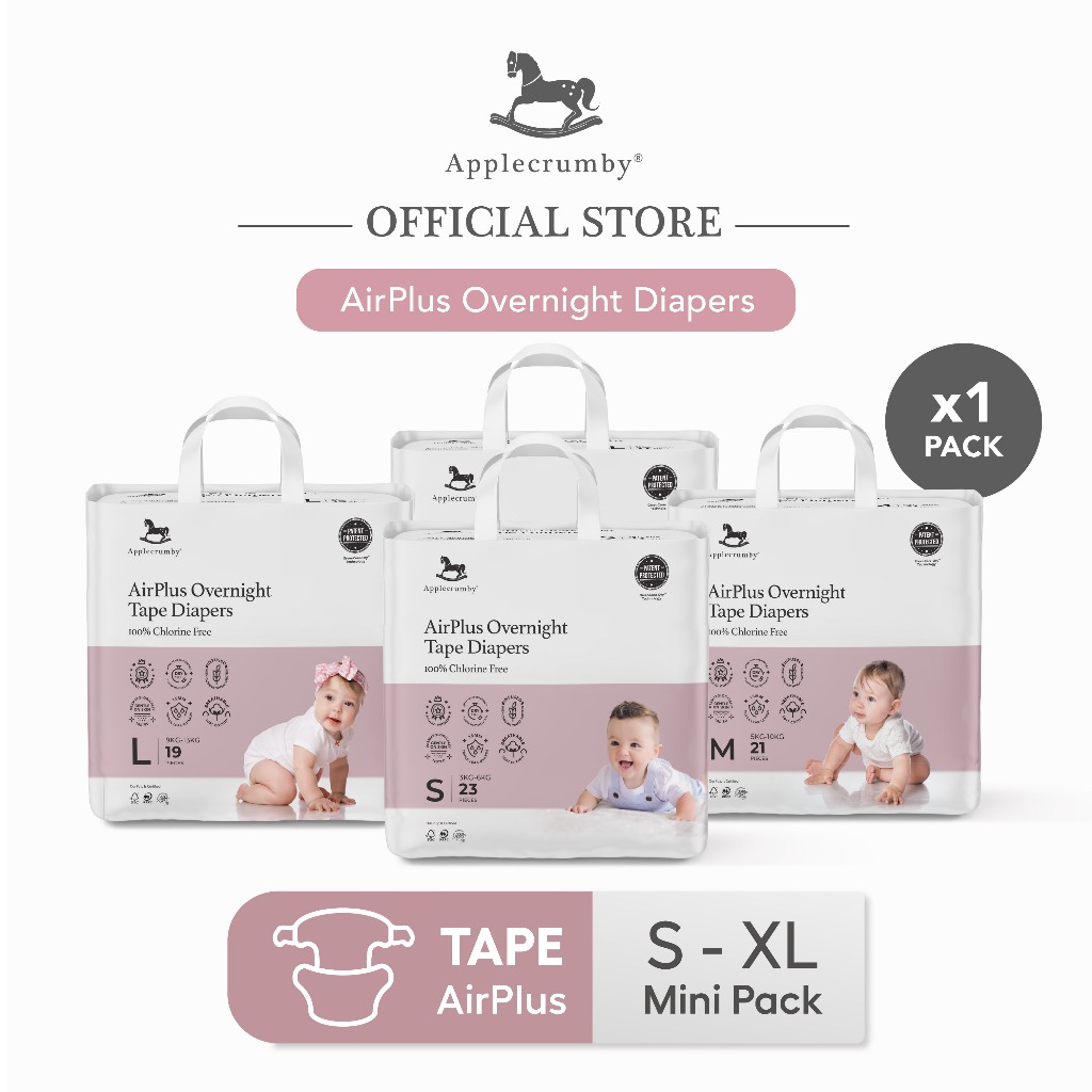 Applecrumby® AirPlus Overnight Tape Diapers S23/M21/L19/XL17 (1 pack