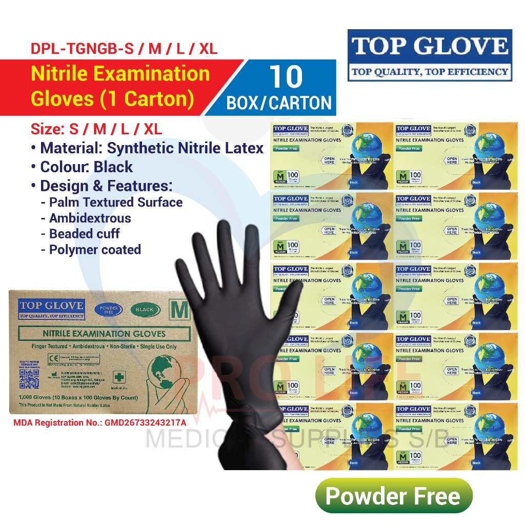 Top Glove Nitrile Powder Free Black Disposable Gloves (1 Carton/10Box