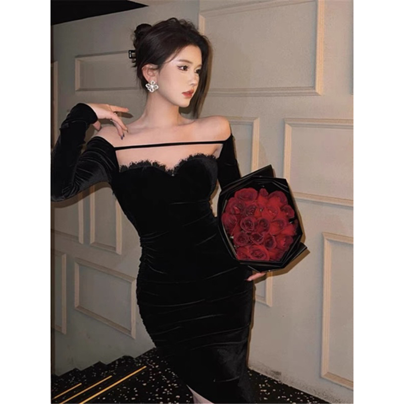 Velvet Pleated Tube Top Evening Dress