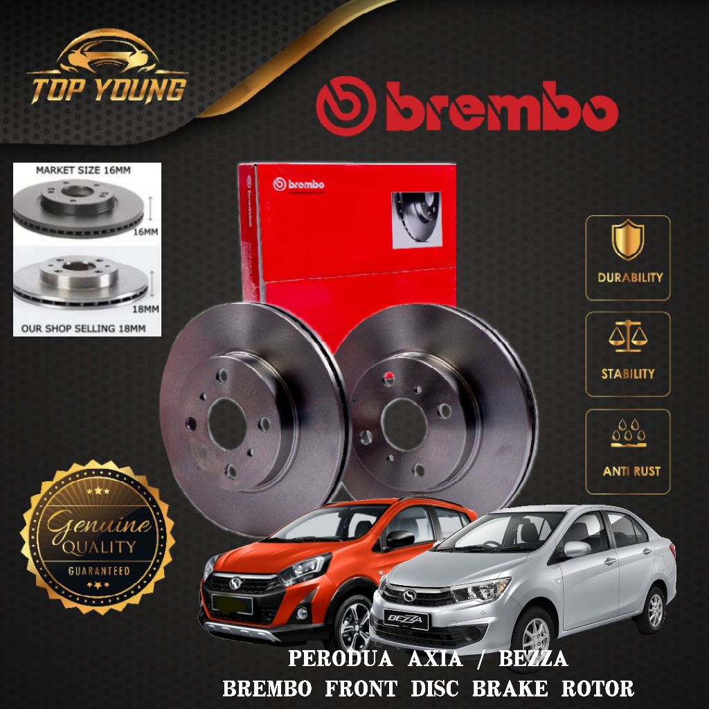 BREMBO PERODUA AXIA , BEZZA FRONT (DEPAN) 100 ORIGINAL BREMBO DISC