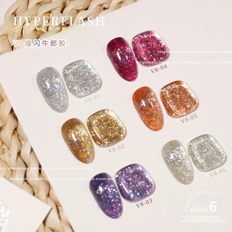 Vendeeni V08 Sparkling Glitter Platinum Gel 6color 美甲甲油胶爆闪