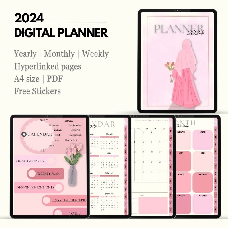 2024 Digital Planner PDF Printable Planner Yearly Monthly Weekly