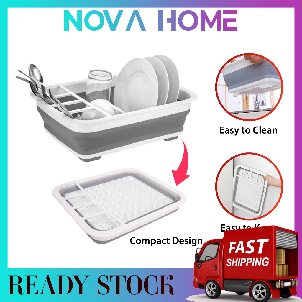 READY STOCK Folding Drain Rack with Cutlery Storage, Drainer Stand, and ...