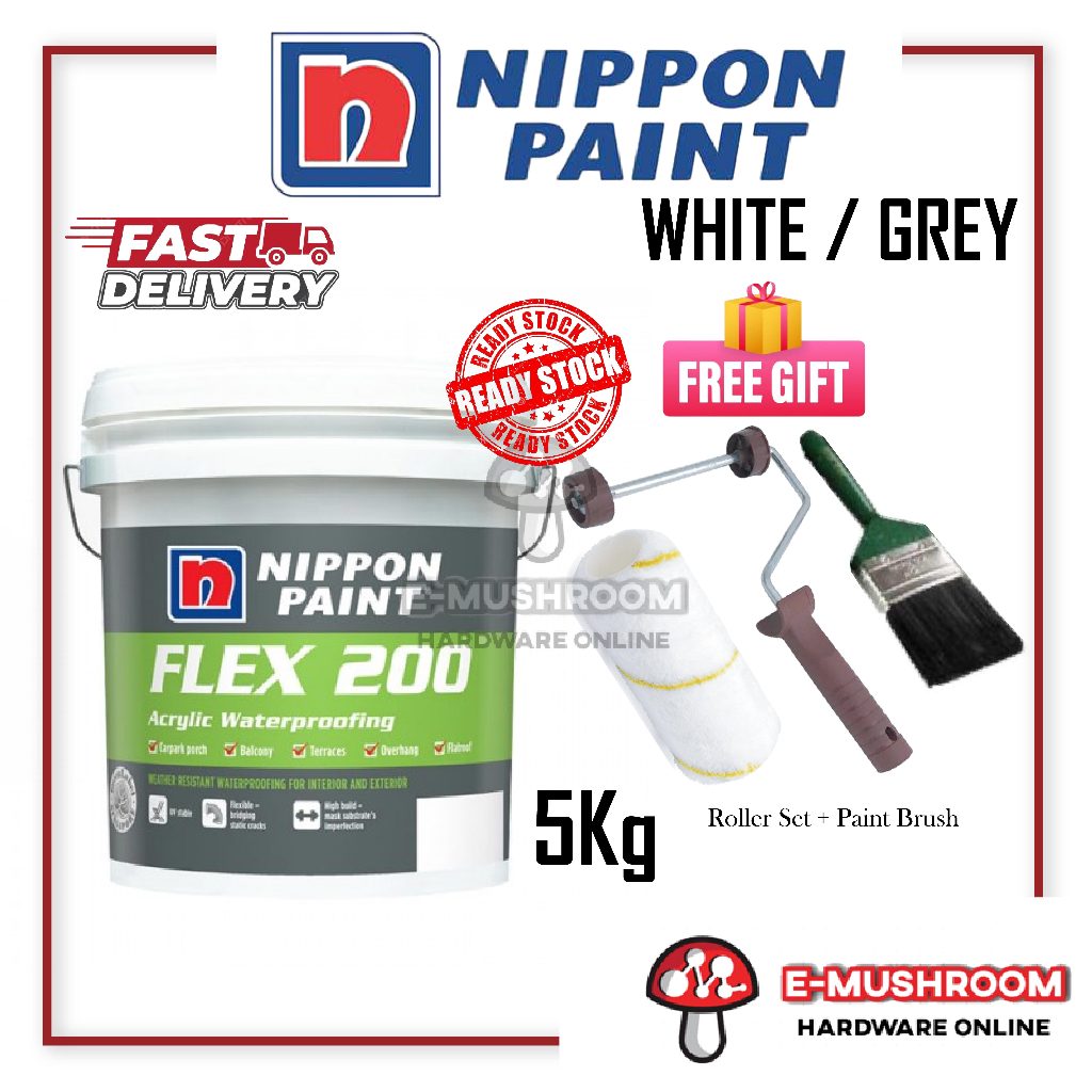 5KG NIPPON Paint FLEX 200 Acrylic Waterproofing White or Grey color ...