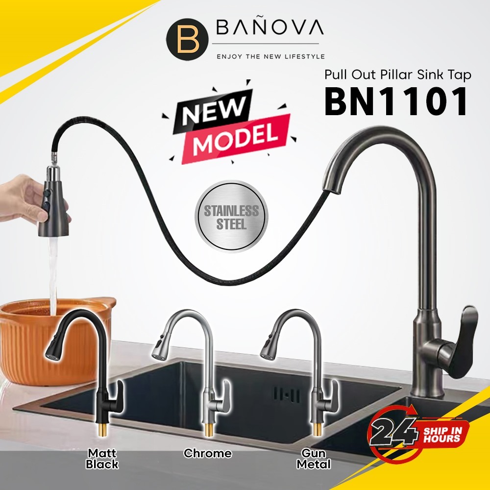 BANOVA SUS 304 Stainless Steel Pull Out Mixer Pillar Kitchen Sink Tap ...