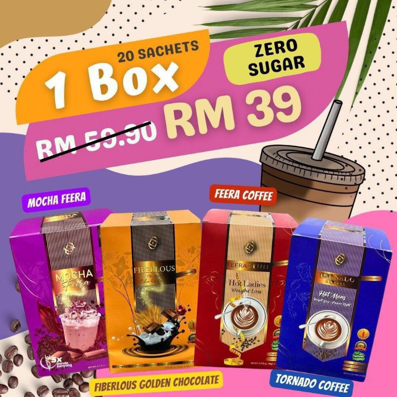 •1 BOX 20 SACHET• Feera Coffee Mocha Feera Fiberlous Golden Chocolate ...