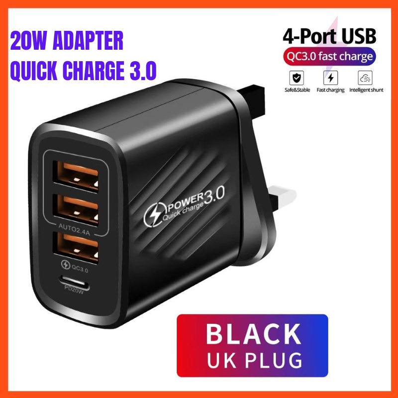 20W 3 USB 1 USB C PORT Quick Charge Fast Charging Adapter 3.0 Charger ...
