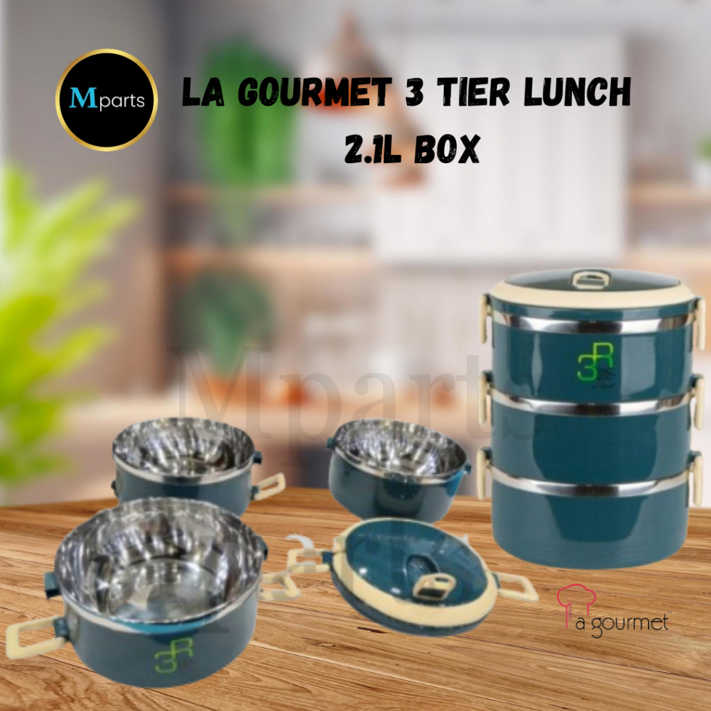 (READY STOCK) LA GOURMET 3 TIER LUNCH 2.1L H BOX || Easy Locking ...