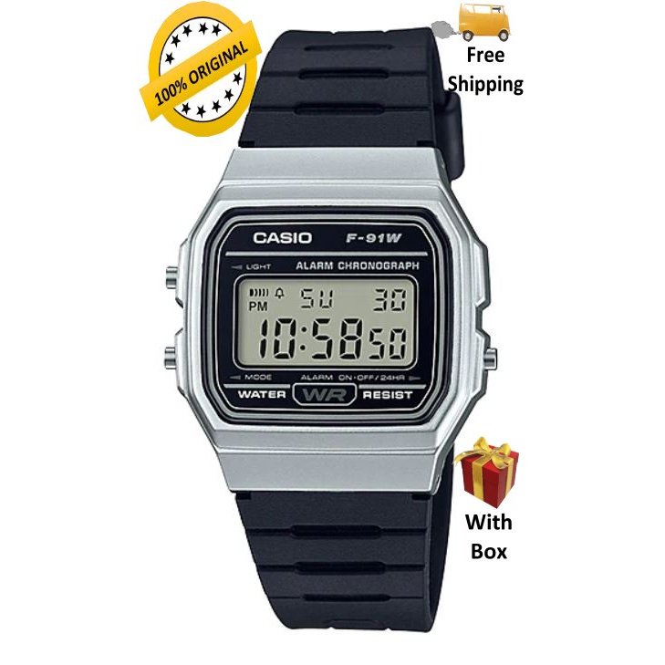 (Men) 100% ORIGINAL CASIO F-91WM-7ADF Silver Case,Square Dial Black ...