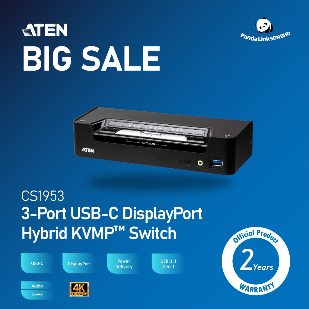 3-Port USB-C DisplayPort Hybrid KVMP™ Switch - CS1953, ATEN Desktop KVM  Switches