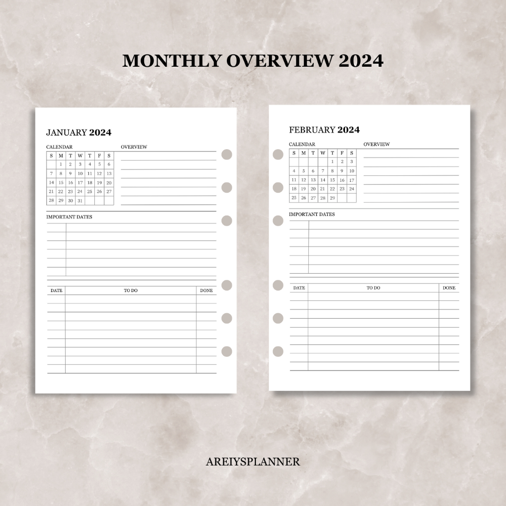 MONTHLY OVERVIEW 2024 VOL2 | 6 HOLES LOOSE LEAF INSERT PLANNER | A5, A6 ...