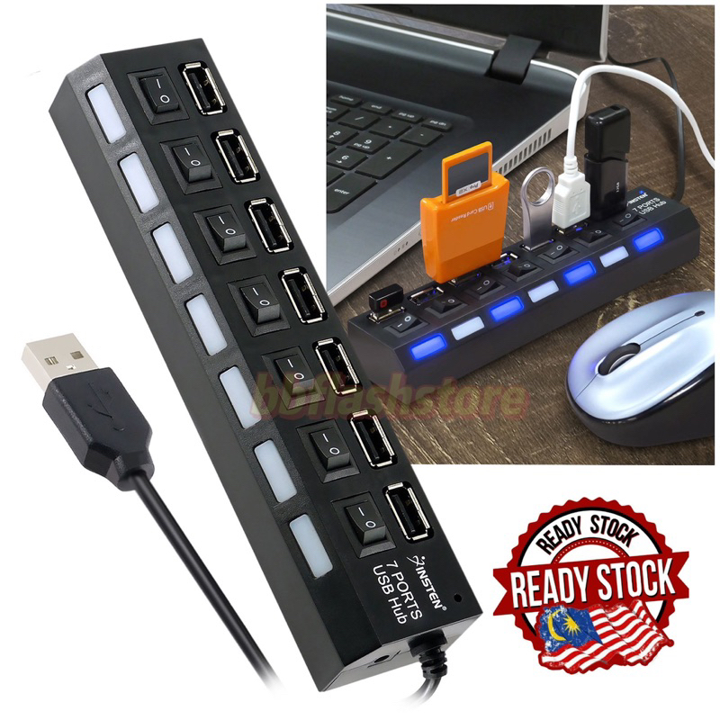 7 in 1 USB Hub USB Potrs and Charging Ports with Individual On/Off ...