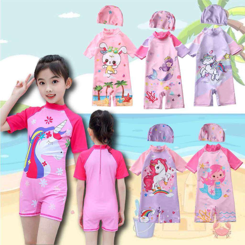Little Surprise Box 2 pcs Shirt & Skirt set, Mint & Pink Multi Swimwear with matching swimcap for Kids with UPF 50+ main image 1