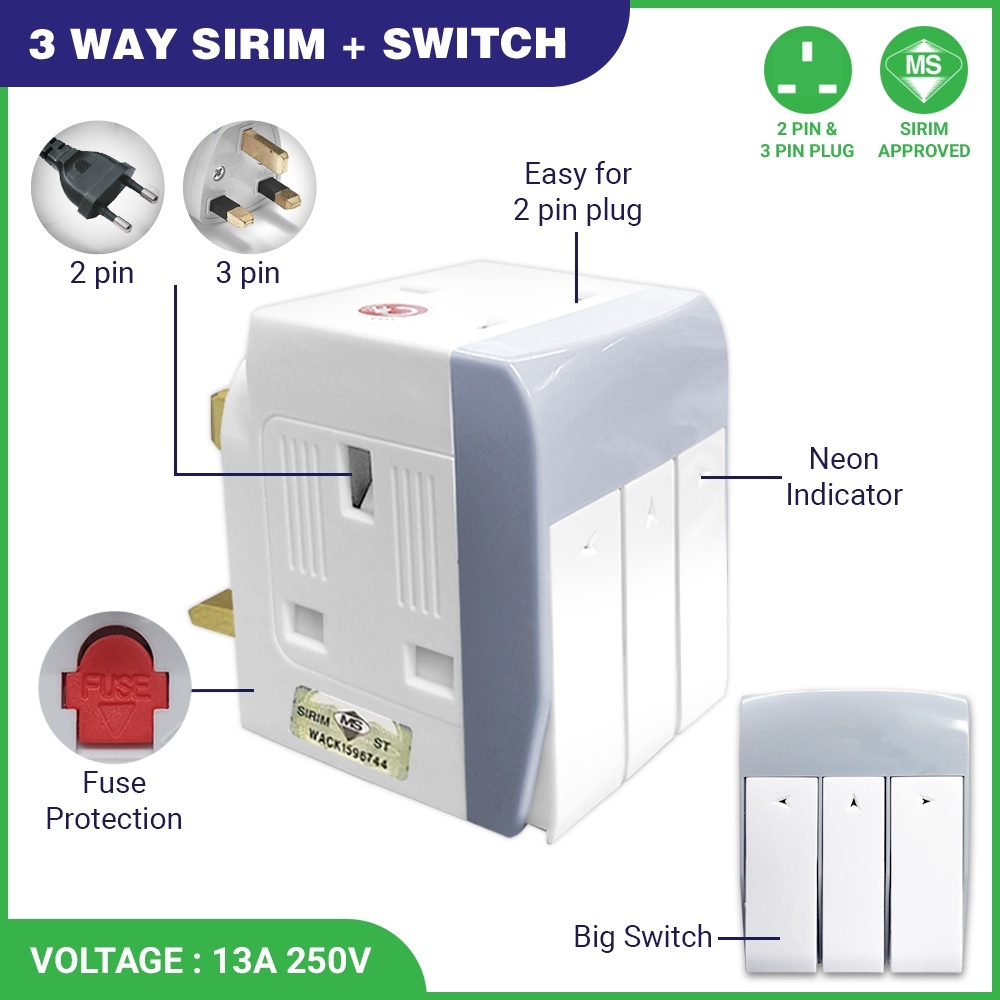3 WAY ADAPTOR ADAPTER SWITCH USB SOCKET OUTLET PLUG EXTENSION WALL ...
