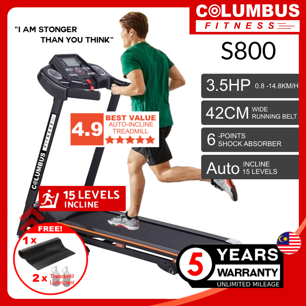 3.5HP Columbus Fitness S800 Treadmill Running Machine 15 Levels Auto Incline 5 YEAR WARRANTY