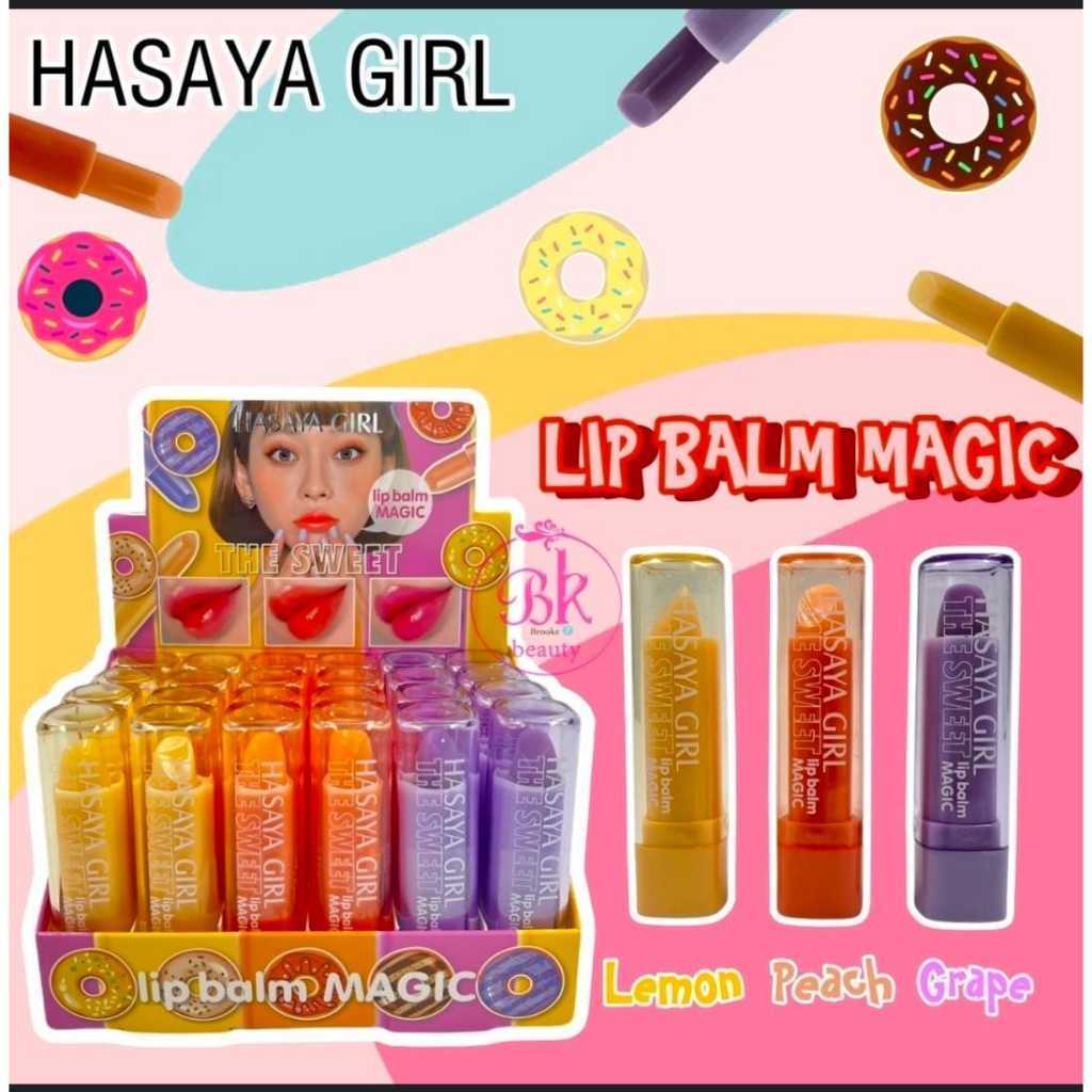 1Box 24pcs Hasaya Girl Sweet Donut Magic Lip Balm Juicy Peach, Lemon