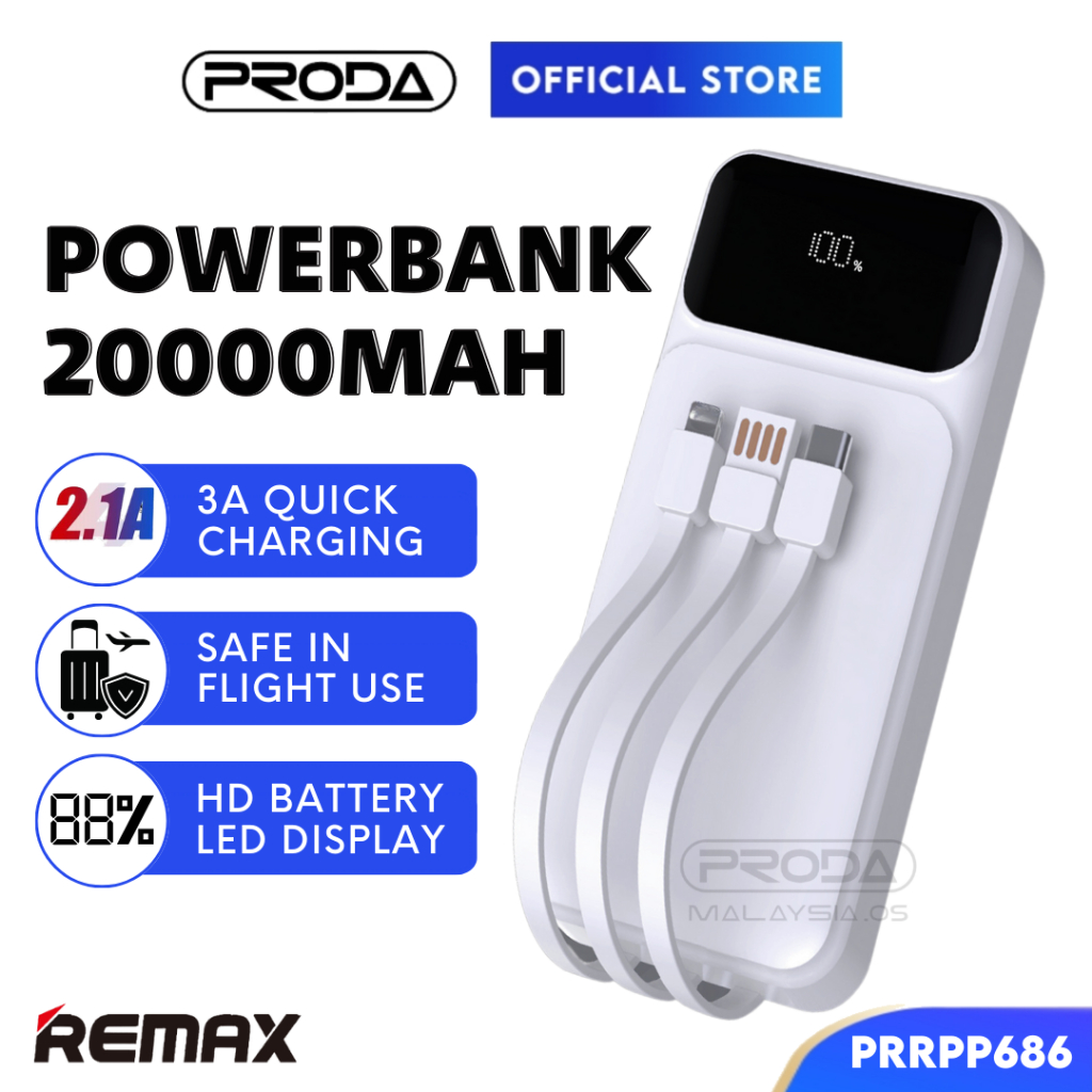 REMAX Portable Cabled Powerbank Travel Flight Approved 20000mAh Quick ...