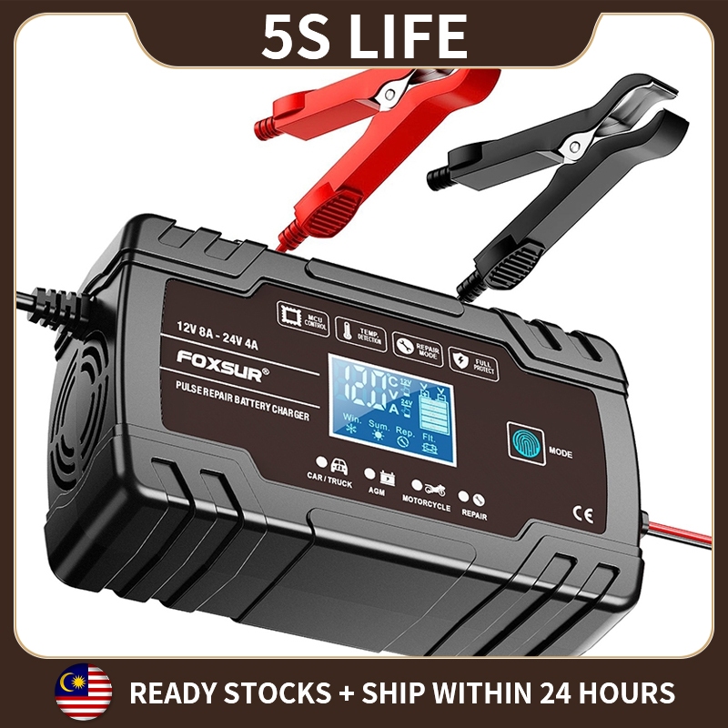 5s 🇲🇾 Foxsur black industrial style 12V 24V AGM charger 8A motorcycle