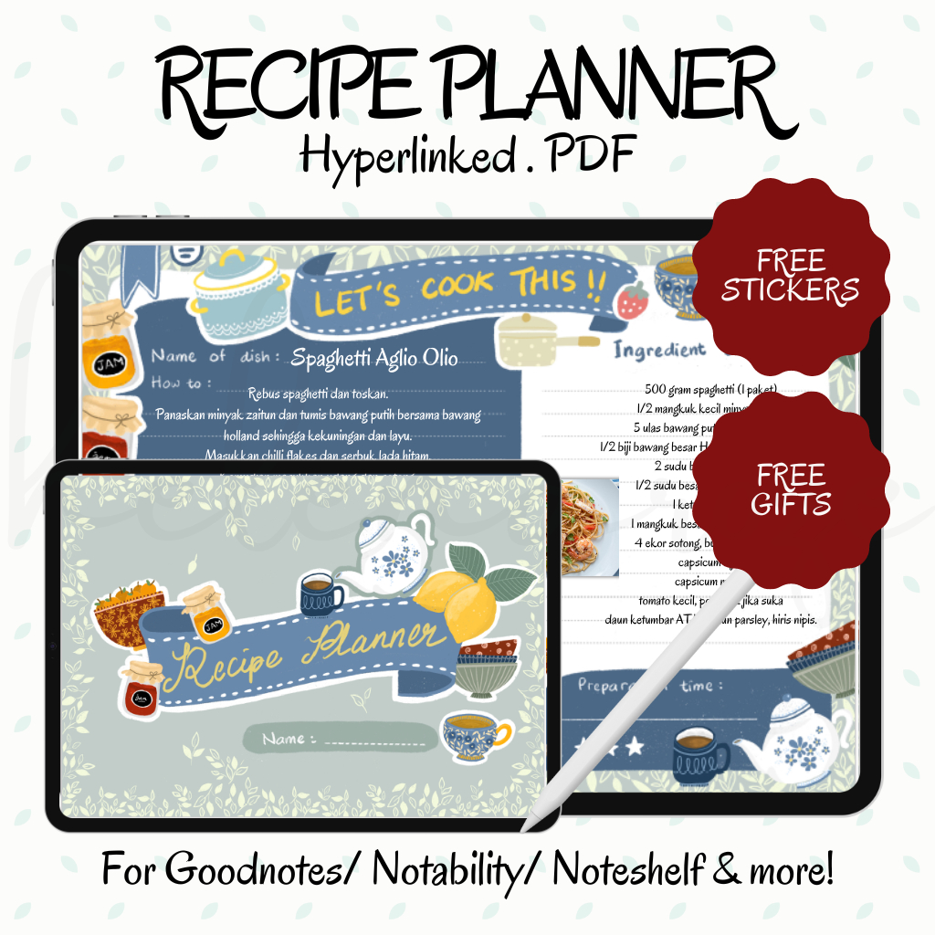 Recipe Planner, Digital Hyperlinked Pdf Resipi Meal Food Journal ...