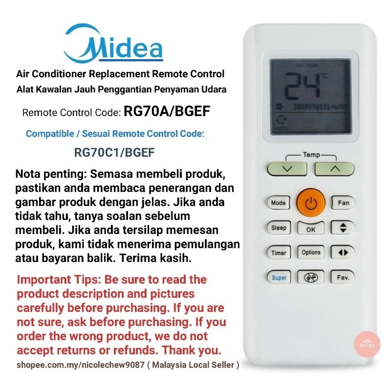 ALLIMITY RG70A-BGEF Klimaanlage Fernbedienung Ersetzen Für MIDEA Air Conditioner MA-09NXD0-I MA-12NXD0-I