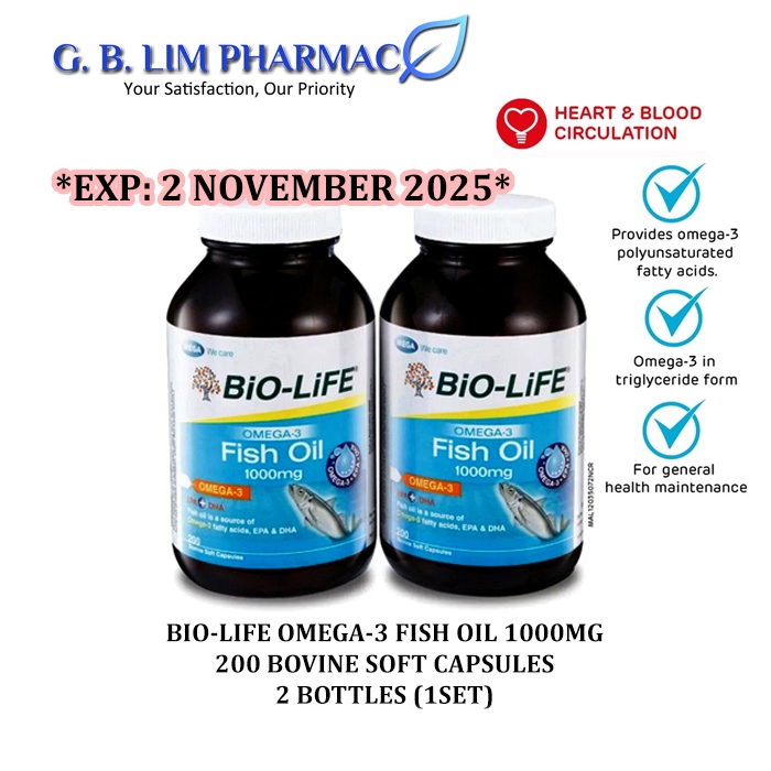 (EXP: 2-NOV-2025) Bio-Life Omega-3 Fish Oil 1000MG 200 CAPSULES X 2 ...