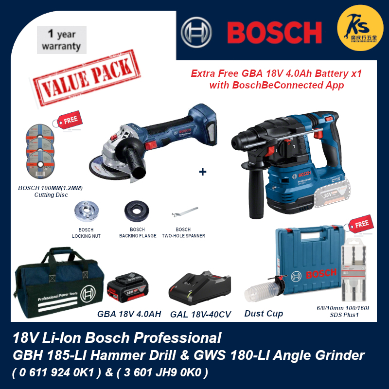 BOSCH 18V GBH 185-LI Cordless Hammer Drill & GWS 180-LI Angle Grinder ...