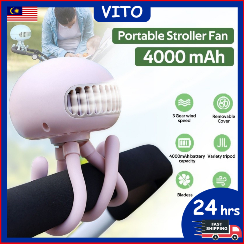 4000mAh Portable Mini Baby Stroller Fan USB Rechargeable Strong Wind ...
