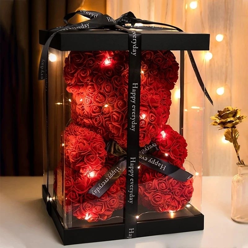 PE Rose Flower Teddy Bear 25cm Free Gift Box Wish Card and LED lights ...