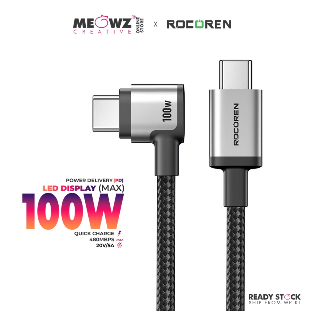 Rocoren Type-C to Type-C Fast Charging Cable PD 100W / 60W Armour Elbow ...