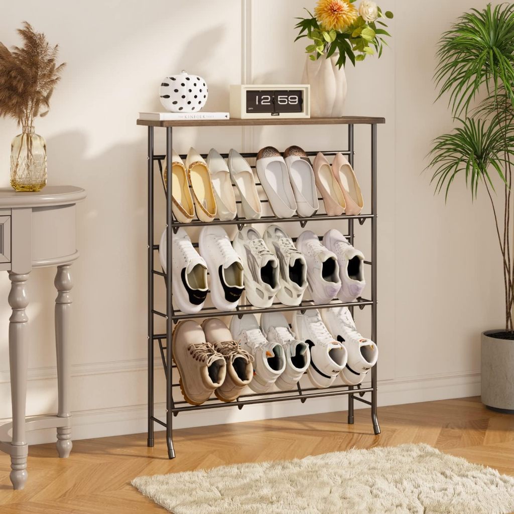 4-Tier Shoe Rack Storage Organizer, Narrow Shoe Rack Shelves,with Wood ...