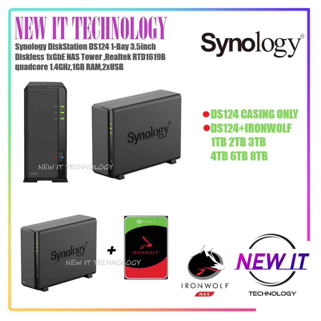 Synology NAS DS124 - 1 Bay SATA - 1GB RAM - CPU Realtek RTD1619B - Per Archiviazione Rete