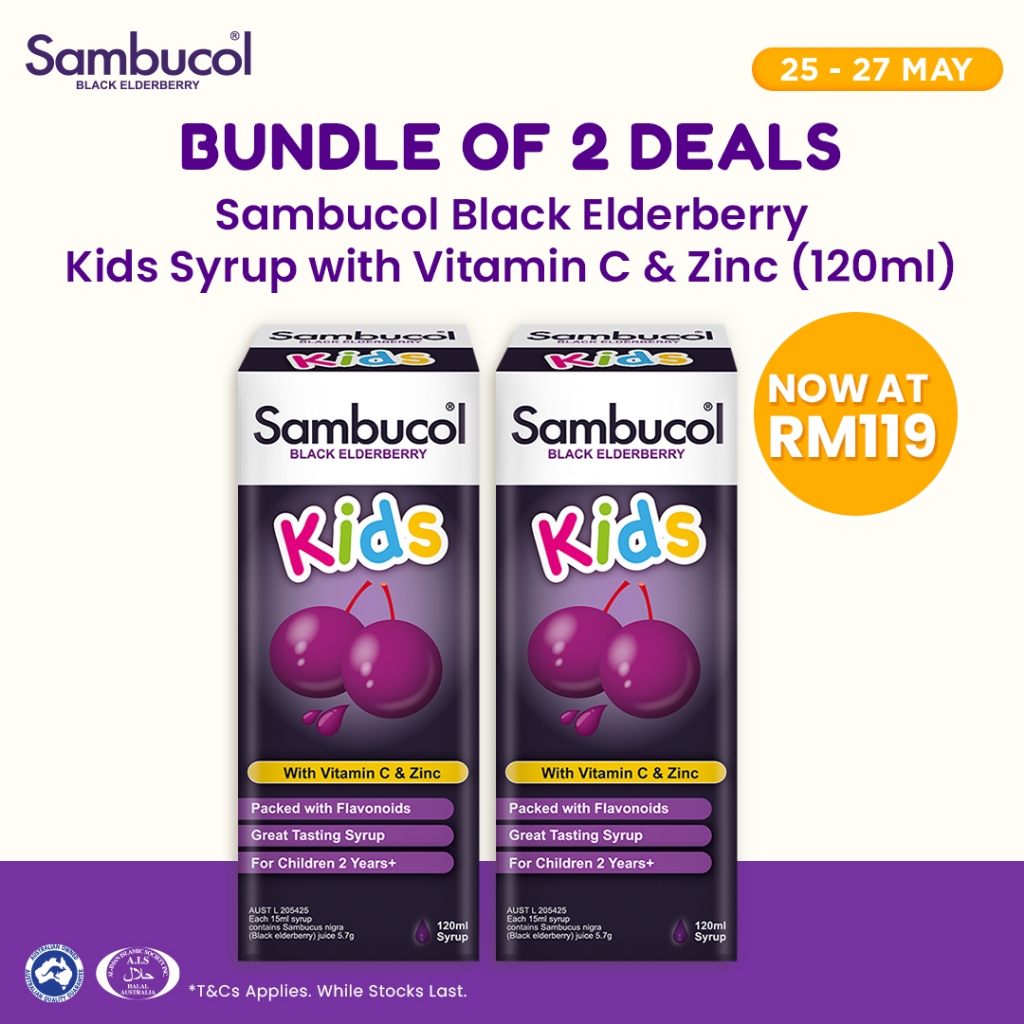 Sambucol Black Elderberry Kids With Vitamin C & Zinc Syrup (120ml x 2 ...