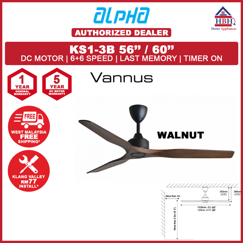 (RM77 Install) Alpha Vannus KS13B 56'' 60'' DC Motor 6 Speed 3 Blade