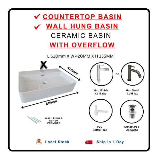 610MM White Ceramic Rectangle Countertop Basin Wall Hung Basin With ...