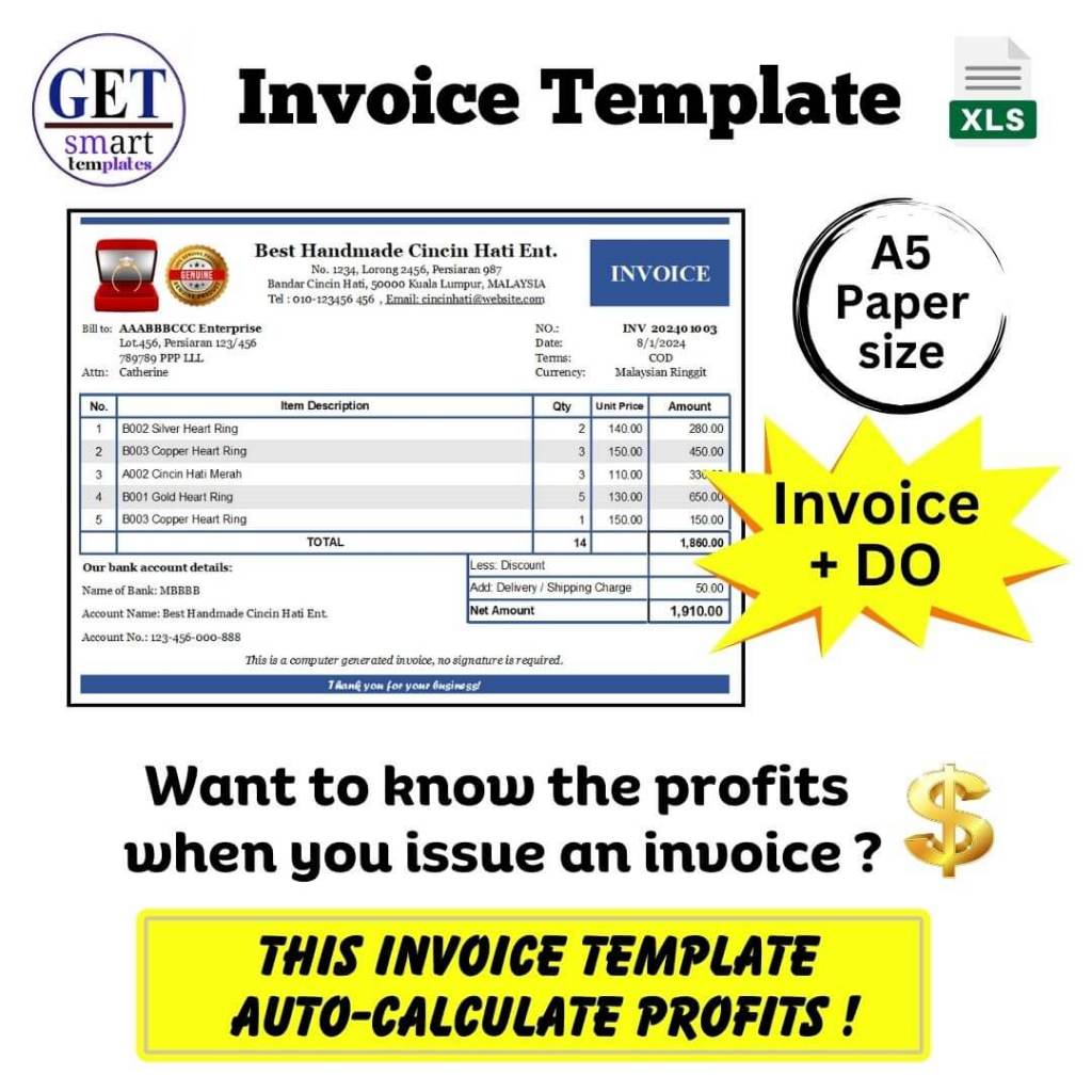 Invoice Template A5 size, Excel, Sales Tracker auto-calculate profits ...