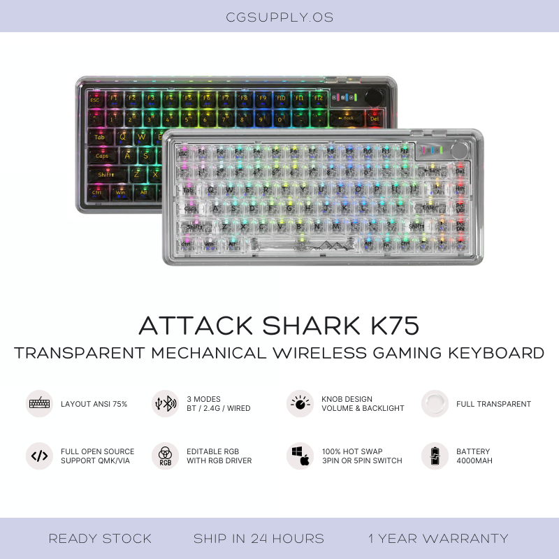 Attack Shark K75 Transparent Mechanical Wireless Gaming Keyboard ...