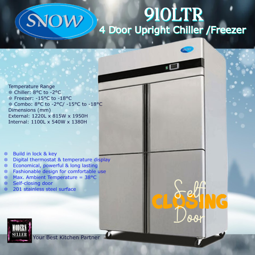 SNOW STAINLESS STEEL UPRIGHT 4 DOOR CHILLER/ FREEZER 910L (1 year ...