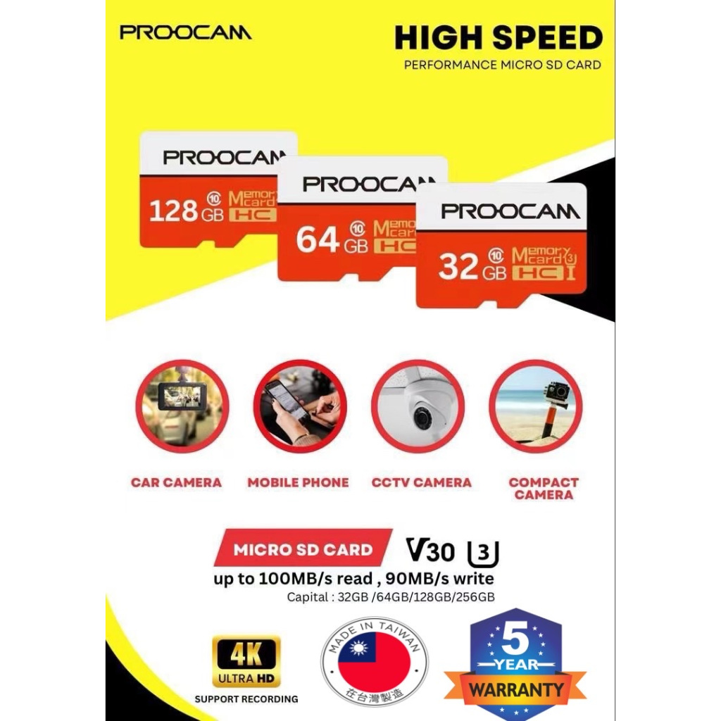 5 YEARS WARRANTY (SUPPORT 4K DVR) PROOCAM U3 V30 HC memory card Micro ...