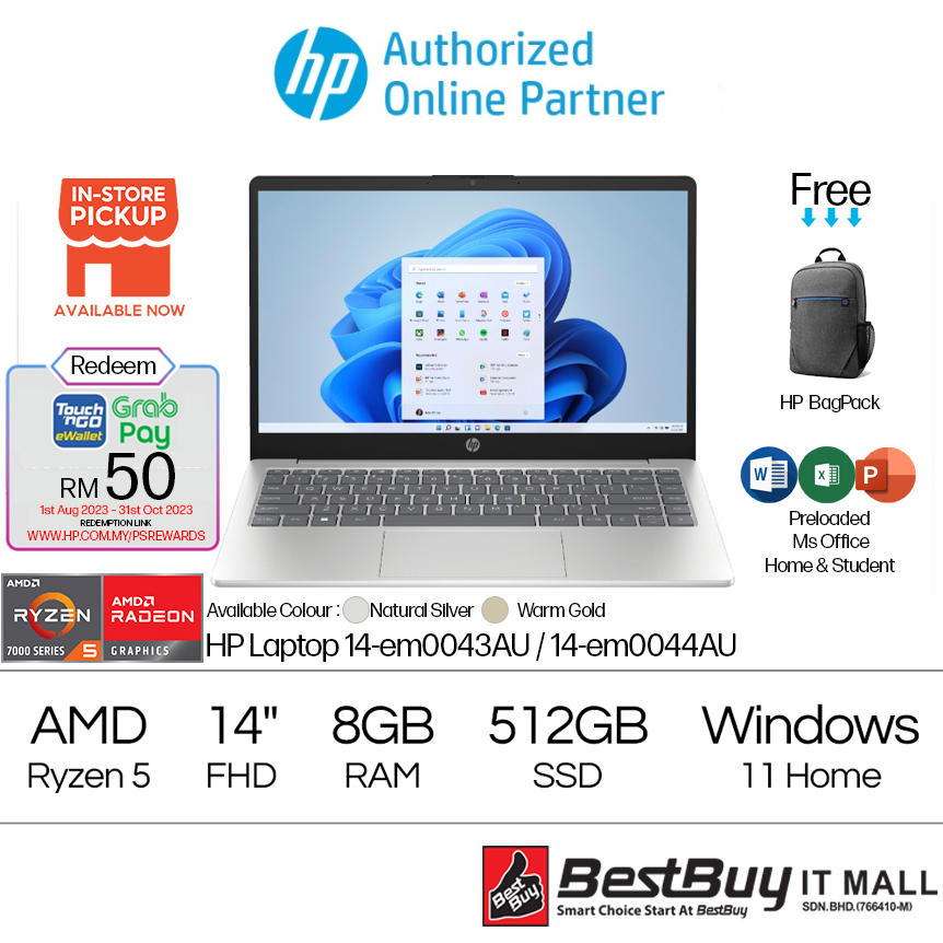 Hp 14 Em0043au Silver 14 Em0044au Warm Gold 14 Fhd Laptop Ryzen 5 7520u 8gb 512gb 2522